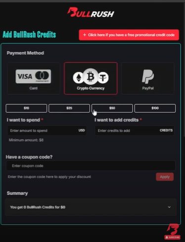 Send Cryptocurrency to BullRush via Wallet